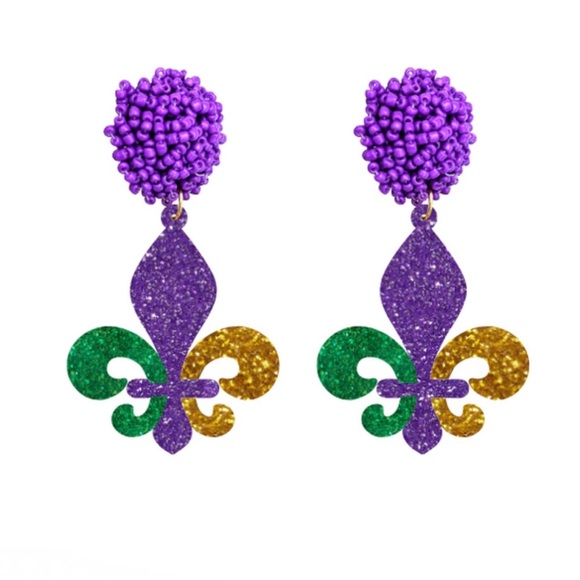 Mardi Gras Magic: Dazzling Beaded Fleur de Lis Dangle Earrings! NWT - Picture 4 of 4